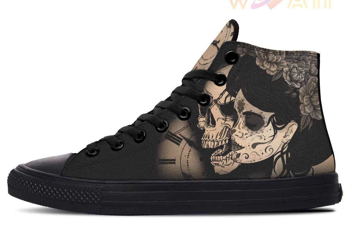 woman and skull high top canvas shoes