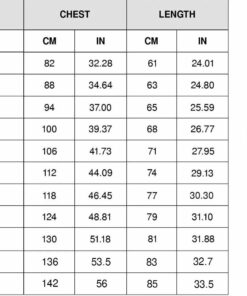Basketball Jersey sizechart