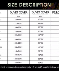 Bedding Set sizechart