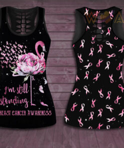 Im Still Standing Flamingo Flower Breast Cancer Awareness 3D Hollow Tank Top Leggings 01