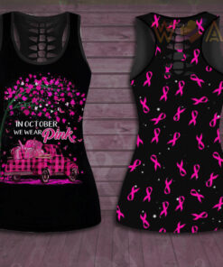 In October We Wear Pink Car Breast Cancer Awareness 3D Hollow Tank Top Leggings 01
