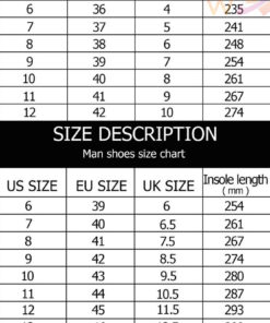 Skate shoes sizechart