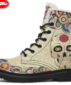 beige mandala and skull faux fur leather boots