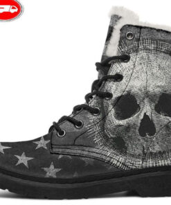 black and white flag skull faux fur leather boots
