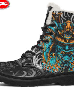 blue and gold kabuto mask faux fur leather boots