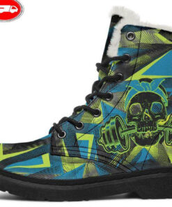 blue green dumbbell skull faux fur leather boots