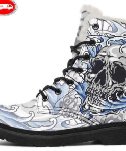 blue japanese skull faux fur leather boots