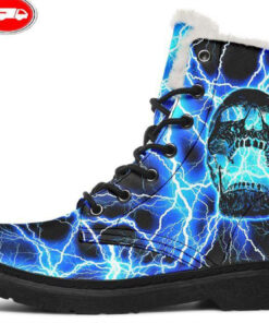 blue lightning skull faux fur leather boots