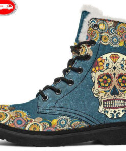 blue mandala skull faux fur leather boots
