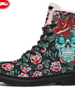 blue sugar skull and roses faux fur leather boots