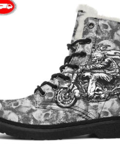 born to ride skull faux fur leather boots