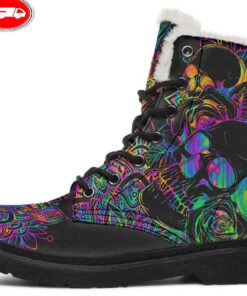 color explosion skull faux fur leather boots