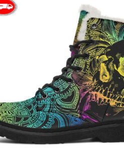 colorful skull mandala flowers faux fur leather boots