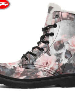 cuty pink roses skull faux fur leather boots