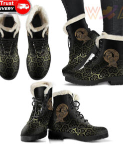 faux fur leather boots owl celtic on triskels background