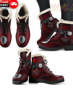 faux fur leather boots raven of odin and symbol viking on blood background
