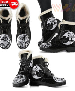 faux fur leather boots skoll and hati rune tattoo a31