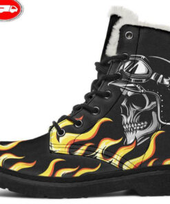 fire skull faux fur leather boots
