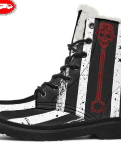 flag skull piston faux fur leather boots