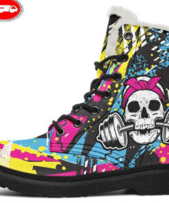 funky dumbbell skull faux fur leather boots