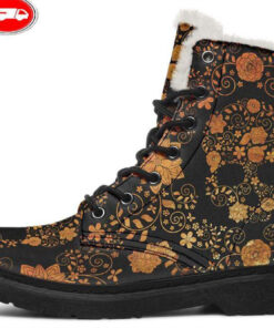 gold flower skull pattern faux fur leather boots