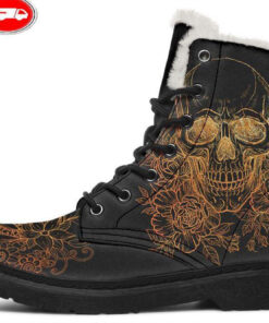 gold skull and flowers faux fur leather boots