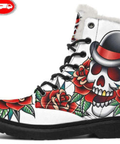 gold tooth skull faux fur leather boots