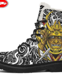 golden kabuto mask faux fur leather boots 1