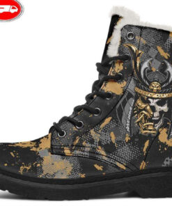 golden samurai skull faux fur leather boots