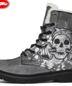 gray splat skull faux fur leather boots
