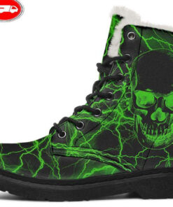 green lightning skull faux fur leather boots