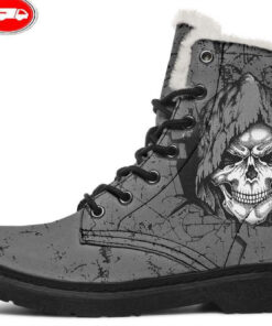 grey hoodie skull faux fur leather boots