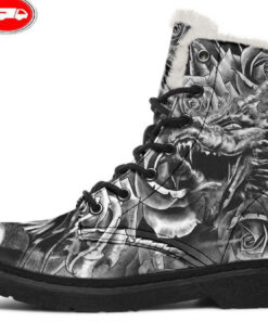 grey scary dragon faux fur leather boots