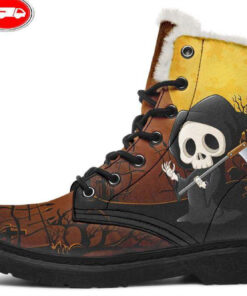 grim reaper says hi faux fur leather boots