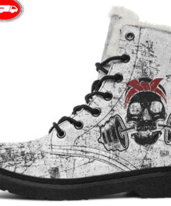 grunge white dumbbell skull faux fur leather boots
