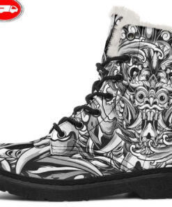 japanese skull faux fur leather boots