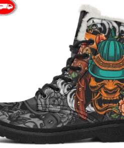 kabuto and orange flowers faux fur leather boots