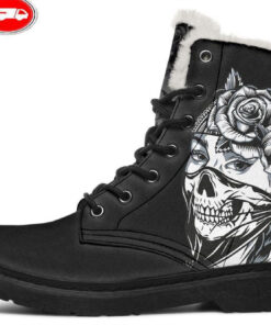 masked women drawing faux fur leather boots