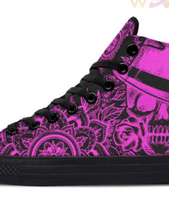 neon pink skull with hat high top canvas shoes