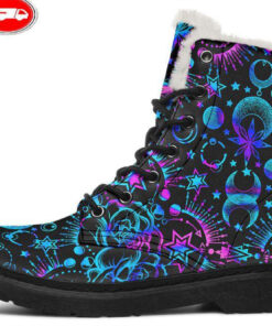 pink and blue alchemy artwork faux fur leather boots