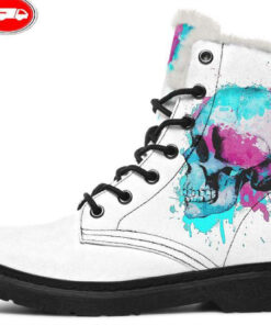 pink and blue splash skull faux fur leather boots