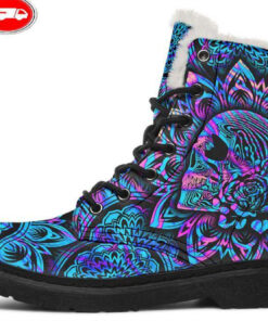 pink boom skull faux fur leather boots