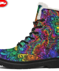 psychedelic skull faux fur leather boots