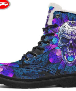 purple open mouth skull faux fur leather boots
