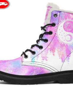 purple sun moon yin yang faux fur leather boots