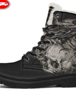 raven skull roses faux fur leather boots