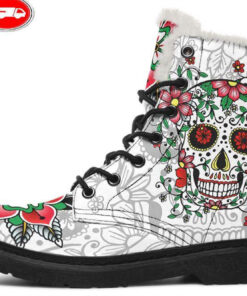 red flower sugar skull faux fur leather boots 1