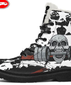 rough flag skull faux fur leather boots 1