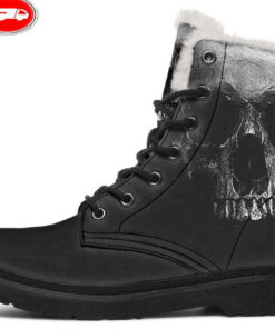 scary skull faux fur leather boots 1