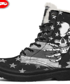 skeleton hands and flag faux fur leather boots 1